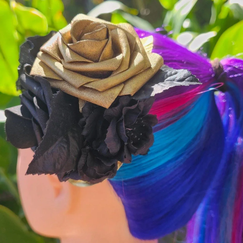 Handmade Black Gold‎ Rose Hair Clip Gothic Glam Floral Fascinator Rockabilly